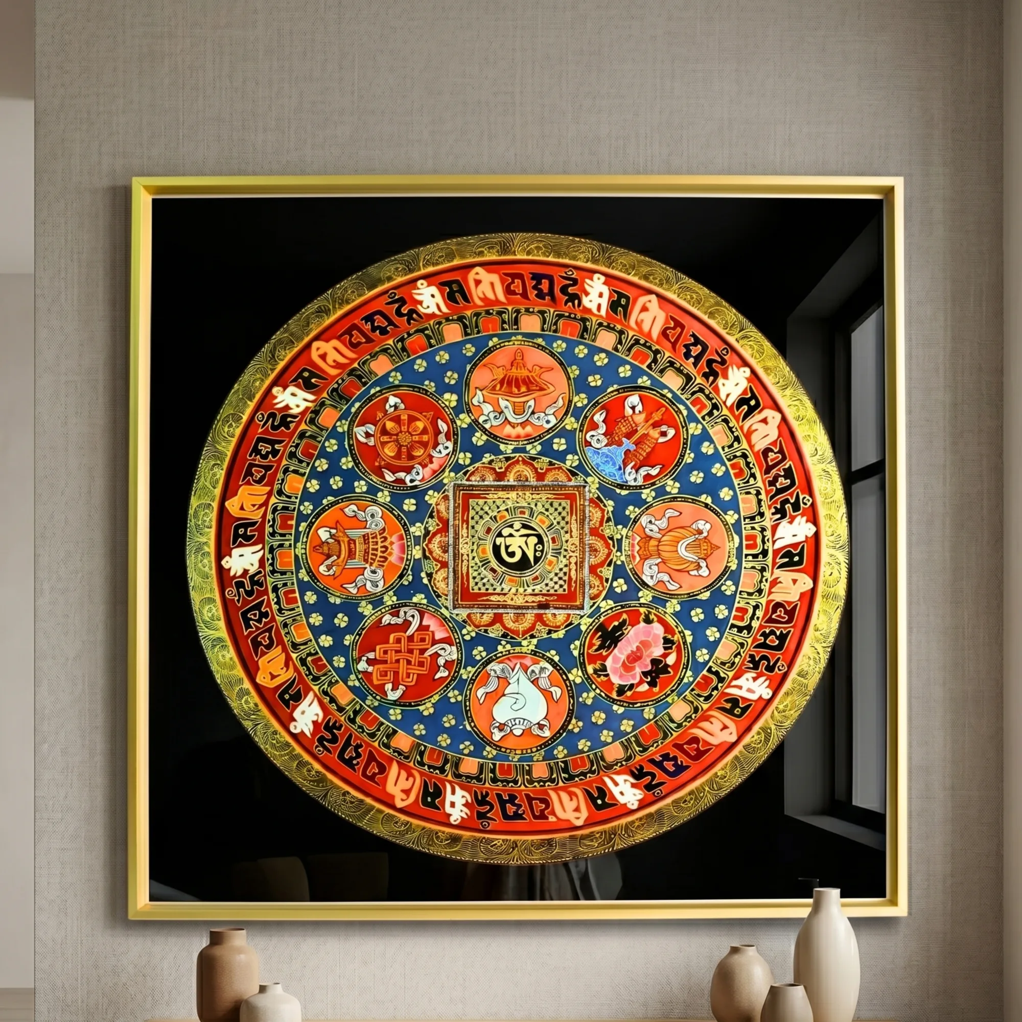 8 Auspicious Om Hum Mantra Mandala Tibetan Thangka Frame
