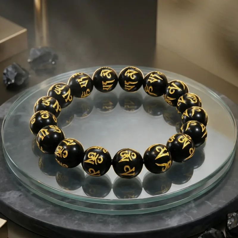 High Grade Natural Obsidian With Om Mani Bracelet