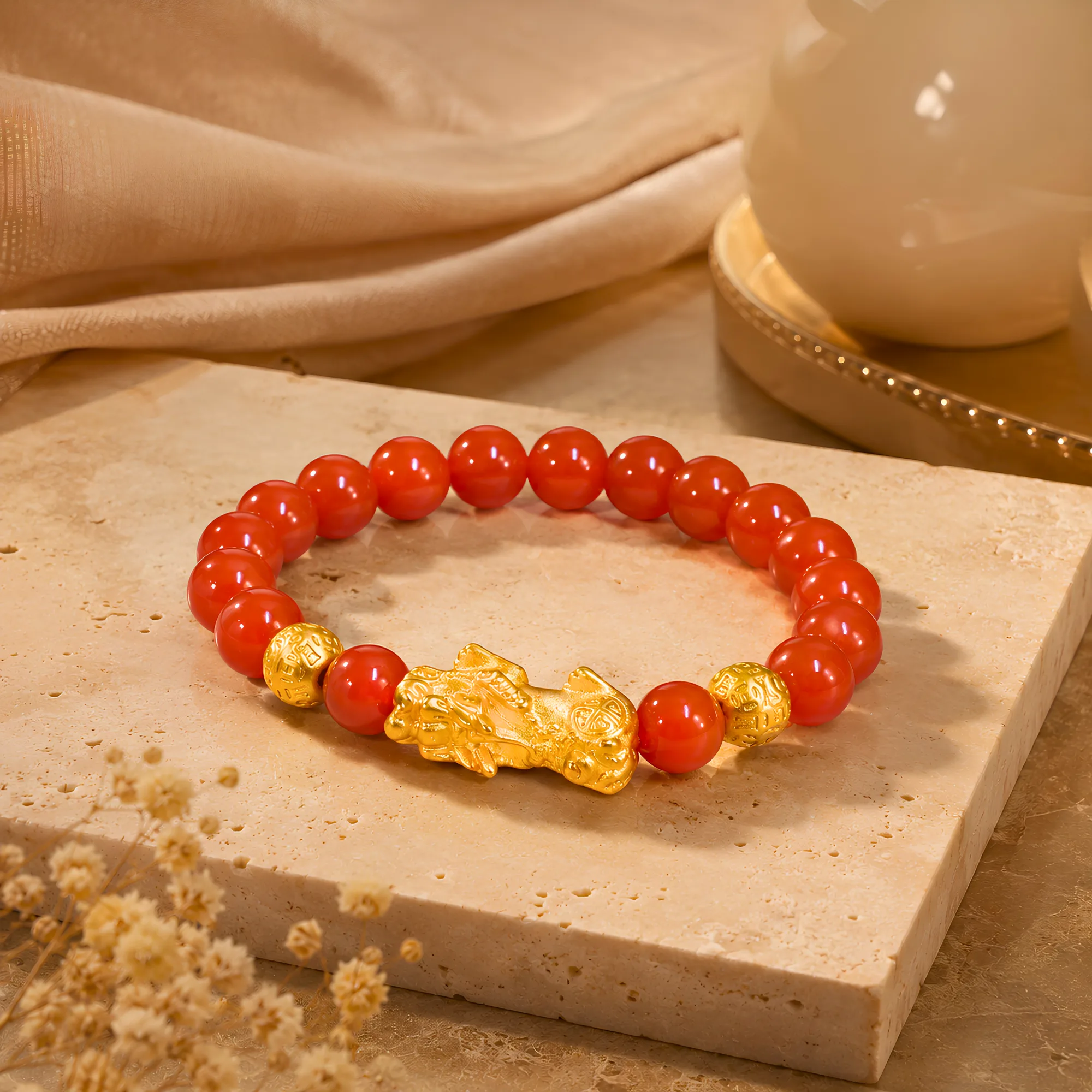 Hand Carved Red Cinnabar Feng Shui Pixiu Wealth Bracelet