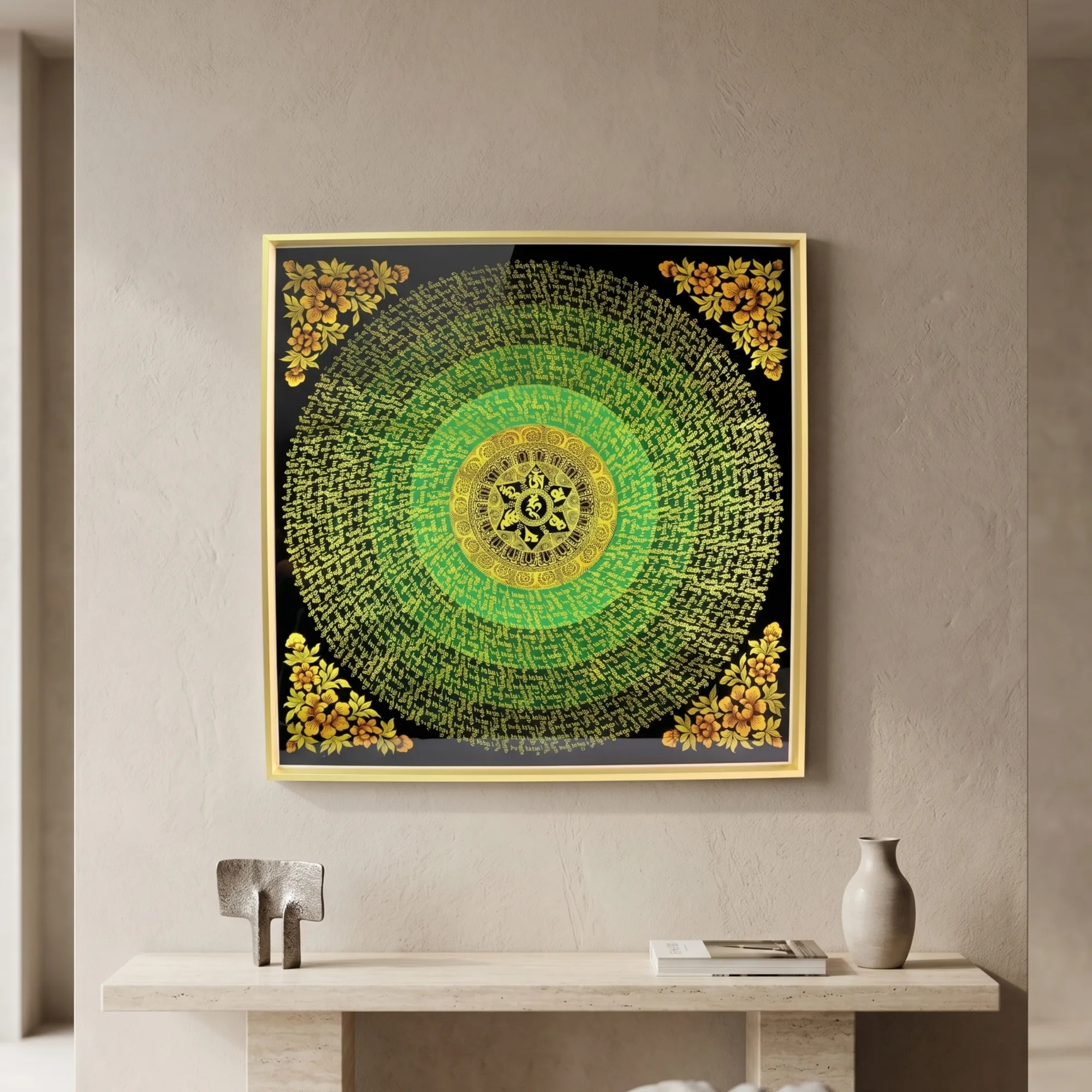 Flower Om Hum Mantra Mandala Large Tibetan Thangka Frame