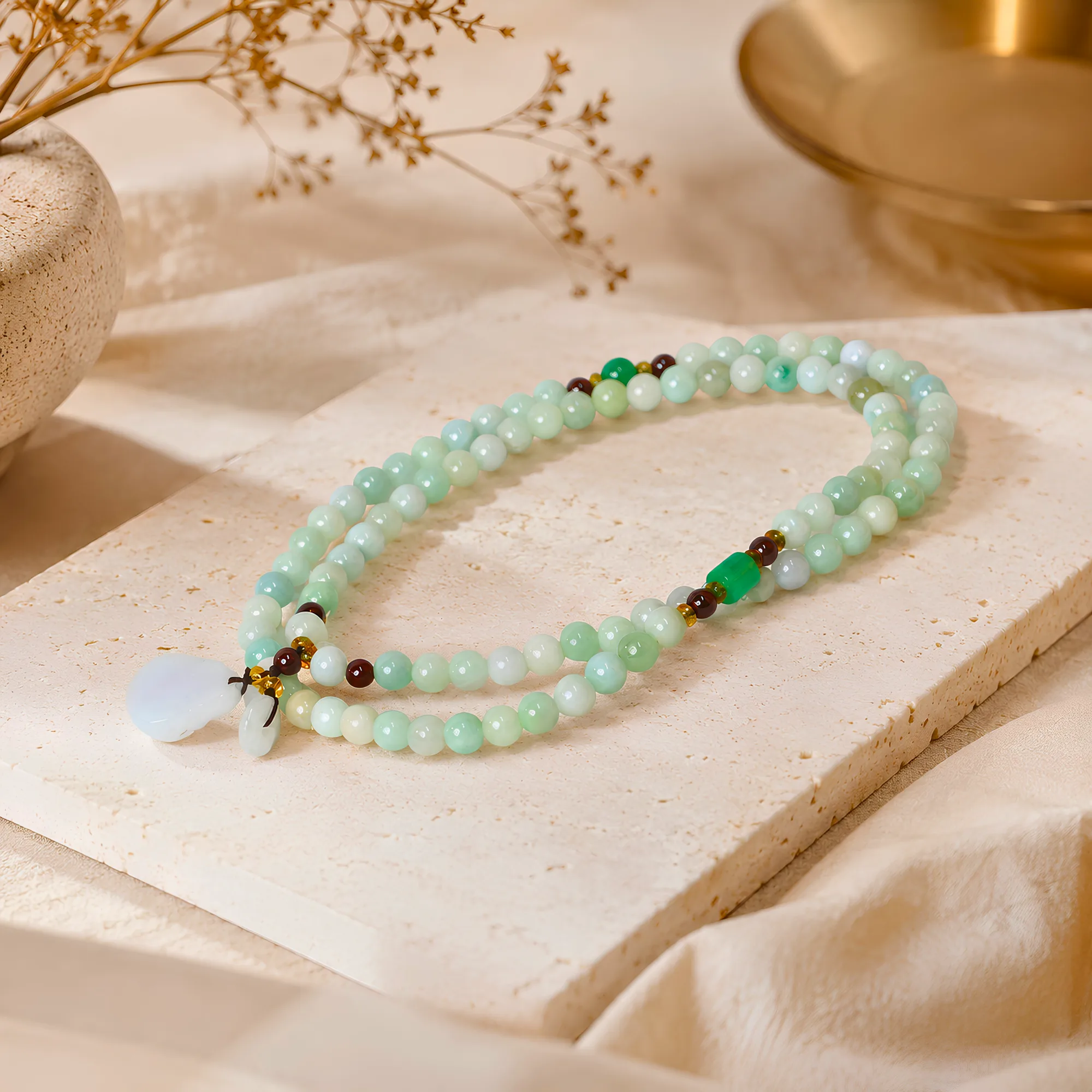 Three Layered Jade Bracelet with Buddha