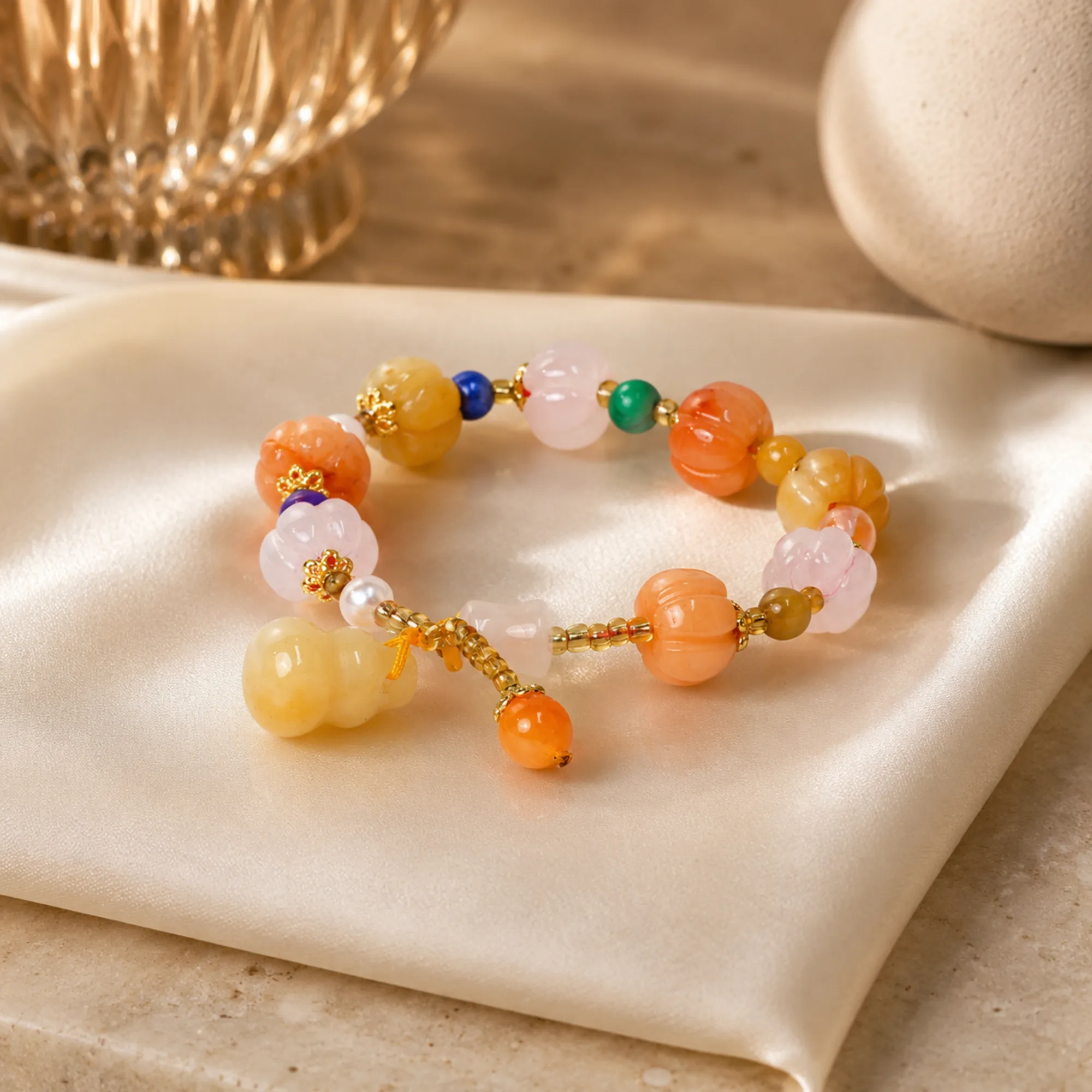 Natural Jade Pumpkin Bracelet with Wu Lou