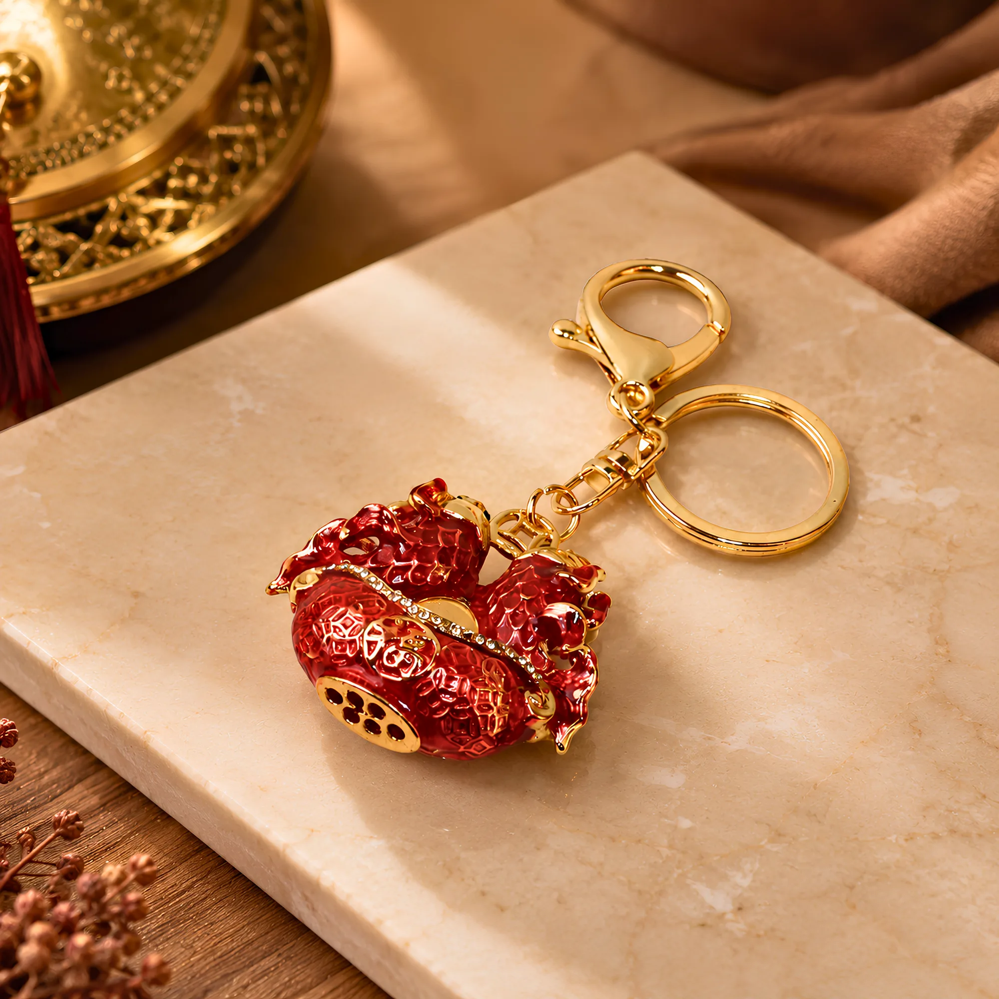 Double Fish on Ingot Rhinestone Keychain