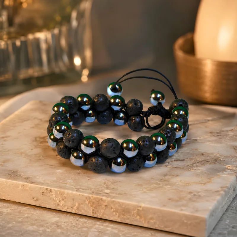 Handmade Lava Stone & Hematite Braided Bracelet