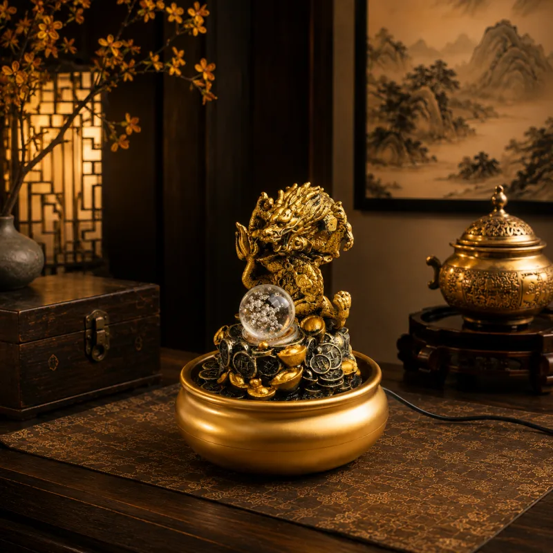 Lucky Golden Dragon Fountain With LED Light
