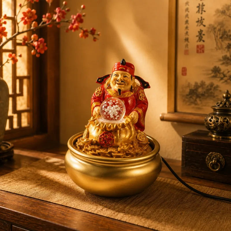 Golden God Of Wealth Water Fountain With Led Light